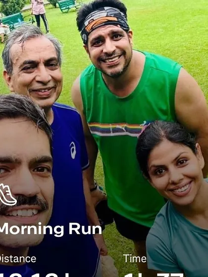 A post-race selfie in the park. The feeling of accomplishment after a race is best shared with friends.