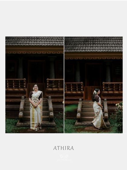 A diptych of the bride in front of a traditional house, showcasing her elegant kasavu saree.