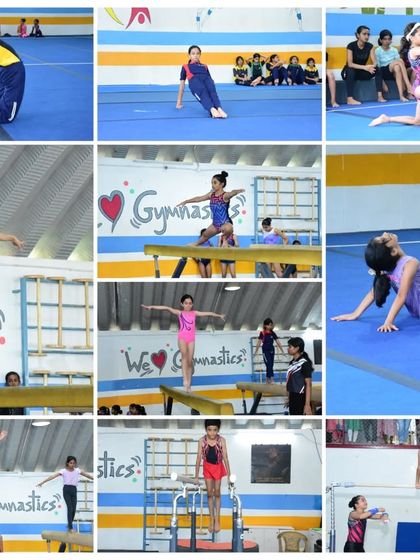 A collection of photos and videos showing our gymnasts training on various artistic apparatuses, including the balance beam, bars, and floor.