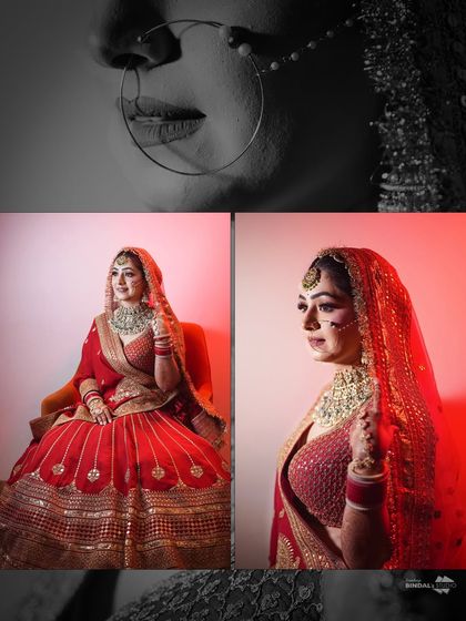 A collage of artistic bridal portraits. It includes a close-up of her nose ring and dramatic, red-lit shots that create a bold and modern look.