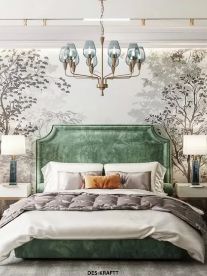 Your bedroom should be your personal sanctuary. Here, we created a tranquil retreat with a statement-making emerald green velvet bed, framed by a delicate, nature-inspired wall mural that brings a sense of the outdoors inside.