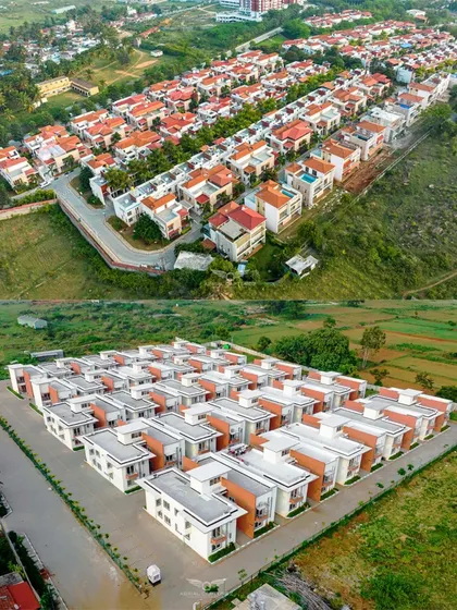 An aerial comparison showing two different types of housing developments within the same area, highlighting the diversity of residential real estate projects we cover.