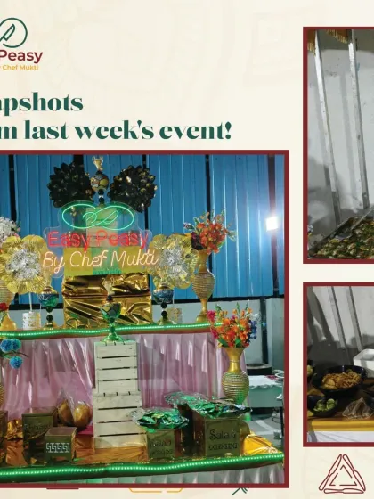Snapshots from a festive event, showing a decorative dessert station and a pani puri counter, perfect for adding fun to any party.