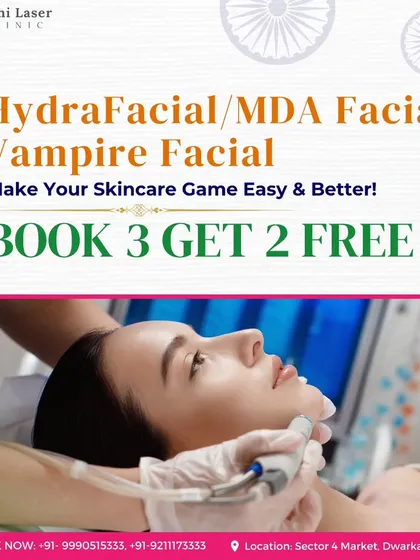 An Independence Day offer graphic showcasing a "Book 3 Get 2 Free" deal on our most popular facials, including the HydraFacial, MDA Facial, and Vampire Facial.