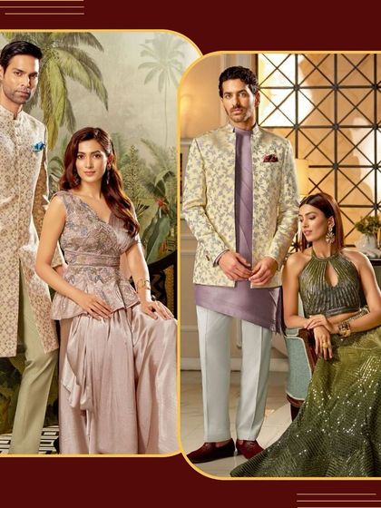 Your wedding deserves the perfect outfit. This campaign image showcases two coordinated couple looks, featuring our elegant sherwanis and Indo-Western jackets.