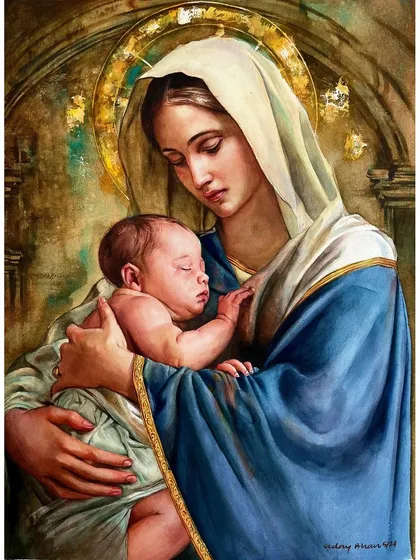 The finished watercolor painting of Mother Mary and Jesus. This commissioned piece was a study in conveying peace and maternal love, using a classical composition with soft, glowing light.