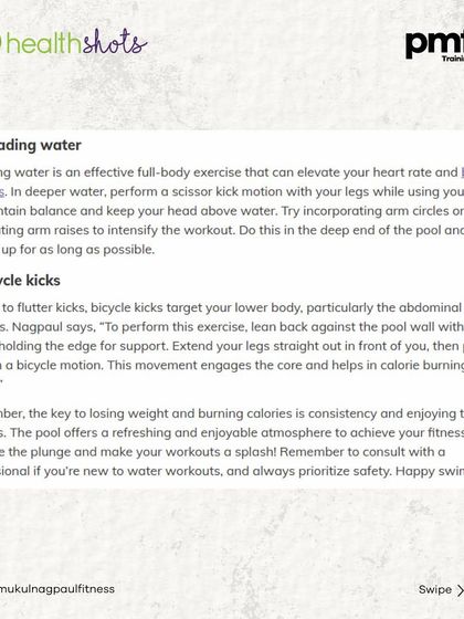 Looking for a fun way to lose weight? My article in Health Shots details 7 pool exercises, like water walking and bicycle kicks, that burn calories and are gentle on your joints.