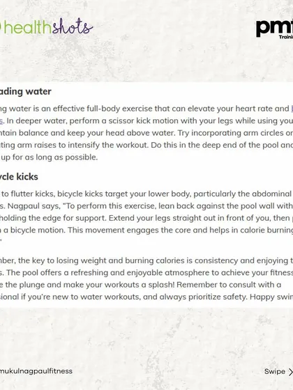 Looking for a fun way to lose weight? My article in Health Shots details 7 pool exercises, like water walking and bicycle kicks, that burn calories and are gentle on your joints.