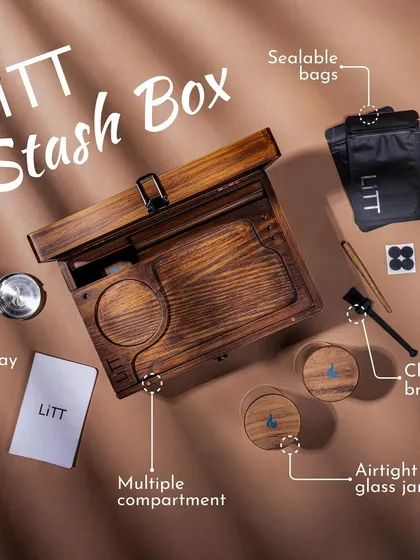 An annotated flat lay of the wooden LIIT stash box, detailing its features. This informative approach is perfect for product detail pages and online marketplaces.