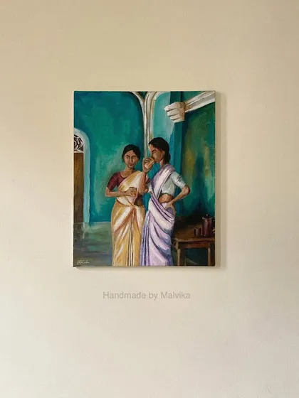 The full view of my Kathak-inspired acrylic painting, hung on a wall. This shows how the piece looks as a finished work of art, ready to bring color and story to a space.