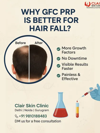 For more advanced hair fall, we offer GFC (Growth Factor Concentrate) therapy. This infographic explains how GFC delivers more growth factors than standard PRP, leading to faster, more visible results with no downtime.
