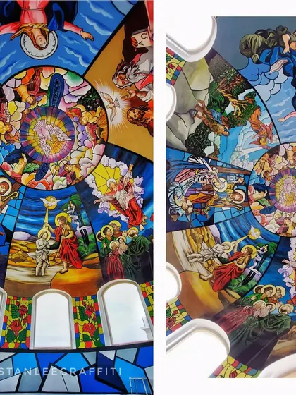 This was one of my most challenging projects: painting a Sistine Chapel-inspired mural on the inside of a church dome. It took a month to complete this detailed, glass-painting effect with acrylics.