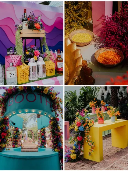 A collage of decor elements from the W Goa carnival party, showing the vibrant bar, food stalls, and photo booth.