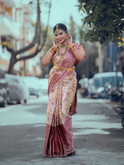 A happy bride-to-be showcasing her complete look with our rental jewellery, perfect for an engagement or pre-wedding shoot.