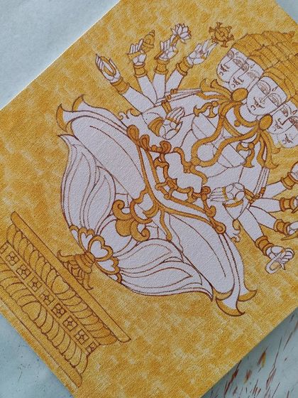 The Sri Gayatri Devi painting in progress, with the yellow base color applied. This gives her a divine glow before the other colors are added to her multi-faceted form.