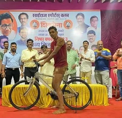 Our player Rohan winning the 'Best Player of the Tournament' award, which included a new bicycle, at the Sairaj Sports Club tournament.