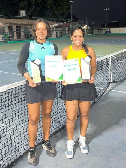 Samaira Malik and her partner after winning the AITA Rupees One Lac Woman’s National Ranking Tournament Doubles Championship in Punjab.
