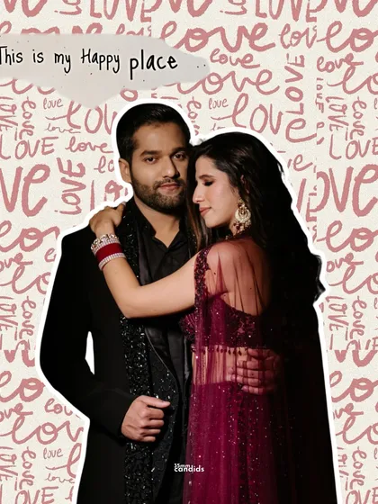 "This is my happy place." A sweet portrait of the couple at their reception, with a fun, scrapbook-style graphic overlay that highlights their love.