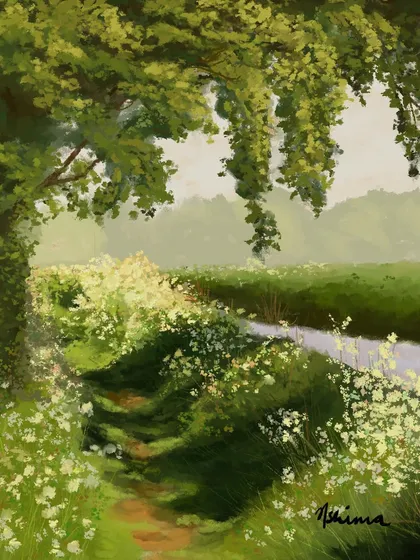 A path winding through a field of wildflowers. This lush, green landscape is full of texture and soft light, showcasing a more detailed and immersive style of nature painting.
