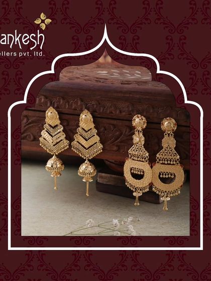 A love as radiant as this earring. This image showcases two pairs of our stunning gold earrings, highlighting the variety of designs from geometric to traditional.