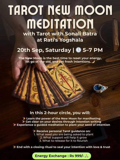 Our poster for a special Tarot New Moon Meditation. It outlines the 2-hour journey, including intention writing, guided meditation, and personal Tarot guidance to help plant the seeds for a new cycle.