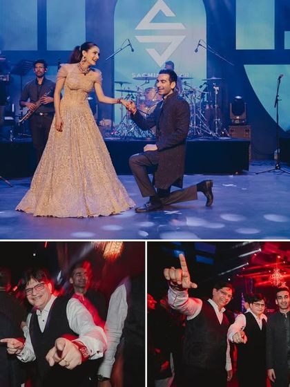 A collage capturing the highlights of the Sangeet finale, from the groom's proposal on stage to the family joining the live band for a high-energy celebration.