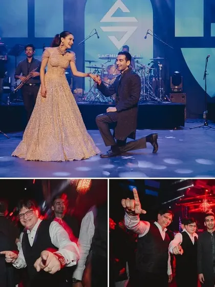 A collage capturing the highlights of the Sangeet finale, from the groom's proposal on stage to the family joining the live band for a high-energy celebration.