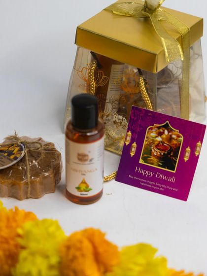 This simple yet elegant Diwali gift includes a bar of my handmade Ubtan soap and a bottle of Abhyanga oil, beautifully packaged in a transparent gift bag.