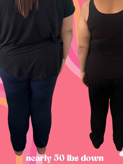 The back view of her nearly 50lb transformation. This shows the power of a holistic plan that focuses on nutrition, movement, and mindset.