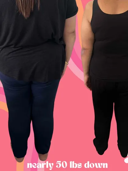 The back view of her nearly 50lb transformation. This shows the power of a holistic plan that focuses on nutrition, movement, and mindset.