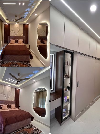 Luxury is in the details. This bedroom showcases a tufted headboard, an abstract-shaped backlit mirror, and a sleek sliding wardrobe with an integrated dressing unit, all designed by our expert team.