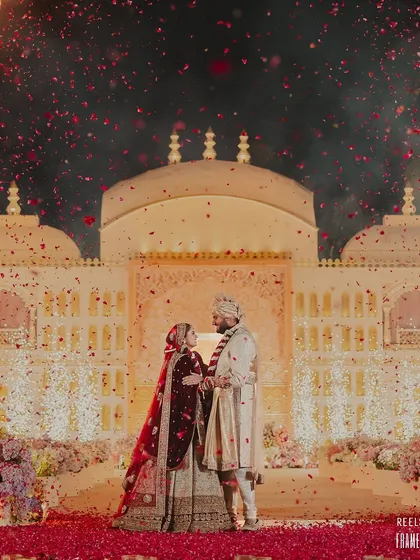 Amidst the grandeur of the 'Saanjh Niwas' palace we built, this is the moment that truly matters. A shower of petals celebrating the union of Jeet and Diva, a reminder that every design is ultimately a backdrop for a beautiful love story.