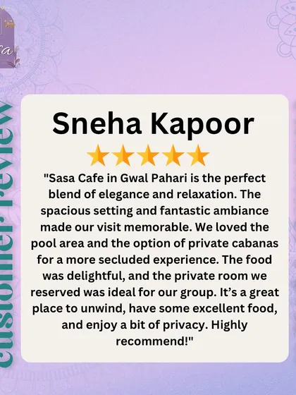 Sneha calls my cafe the "perfect blend of elegance and relaxation." She enjoyed the secluded experience of the private cabanas and the delightful food.