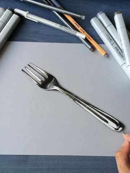 A realistic drawing of a fork. Similar to the spoon, this was an exercise in drawing reflections on a metallic, multi-pronged surface.