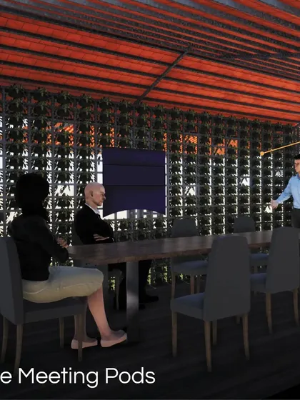 This is a render of The Meeting Pods, an innovative concept for an outdoor office space. I used a living green wall as a jali screen to provide natural cooling and a connection to nature, reimagining the modern workplace as a healthier, more inspiring environment.
