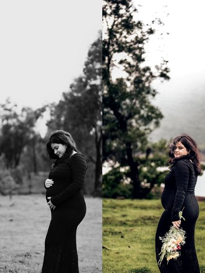 A split-screen image showing the same pose in both black and white and color, highlighting the different moods that can be created.