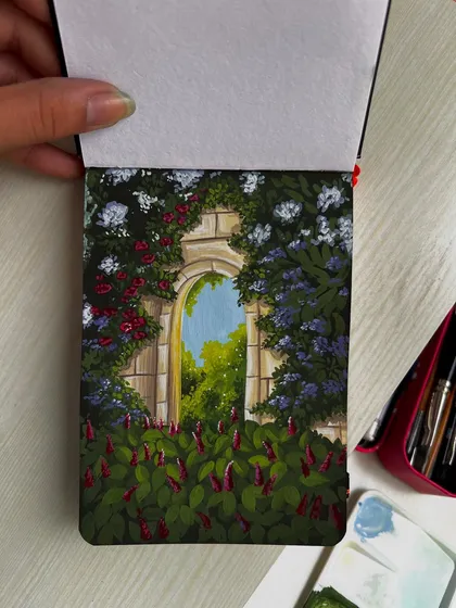 A close-up of the garden archway painting.