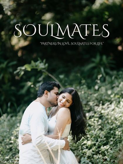 A 'Soulmates' themed poster-style shot of a couple embracing in a lush green landscape in Coorg.