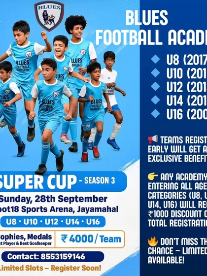 Here is an example of a typical tournament announcement for our Super Cup. It provides all the key details teams need, from age categories and venue to registration fees and special offers.