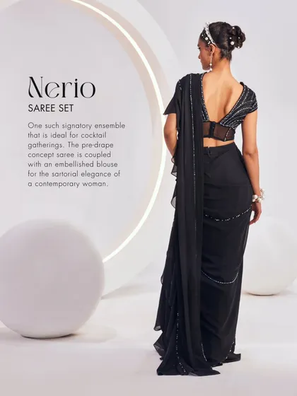 The back view of the Nerio Saree Set, showcasing the elegant V-back of the blouse and the sleek fall of the pre-draped saree.