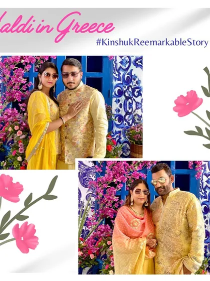 Couples capturing a sweet moment amidst the wedding chaos. The vibrant, custom backdrop adds a touch of Santorini to this Jaipur celebration.