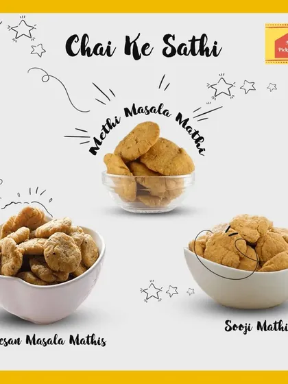 My 'Chai ke Sathi' are the perfect companions for your daily cup of tea. This picture shows some of my classic mathris: the fragrant Methi Masala, the wholesome Besan Masala, and the light, crispy Sooji Mathi. Each one is made to give you that comforting, homemade flavour.
