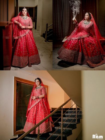A creative collage of the bride's portraits, including a unique shot where she is holding a vessel with smoke, adding a mystical element to her bridal look.