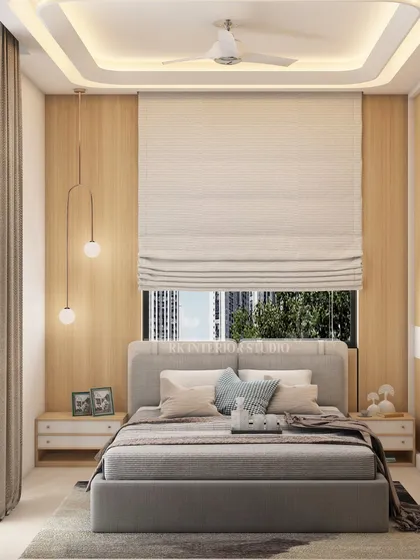 A 3D render of a small bedroom solution. The design uses light wood tones and a floating TV unit to create a sense of space, while the large window brings in natural light.