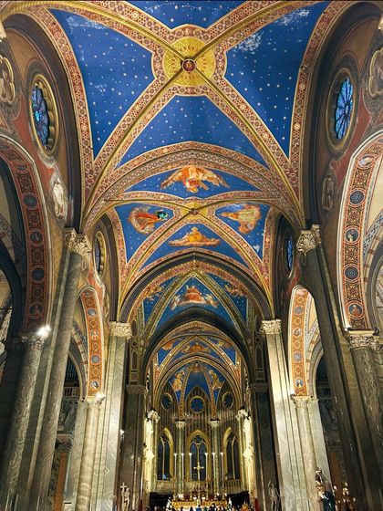 The incredible Gothic ceiling of the Basilica of Saint Mary of Minerva in Rome. The deep blue and gold details are breathtaking, and I love capturing architectural details like this.
