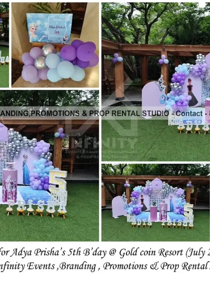 Our Frozen theme turns any location, like the Gold Coin Resort, into a magical winter wonderland. This fifth birthday setup features a shimmering silver sequin wall, character cutouts of Elsa and Anna, and an icy blue and purple balloon garland for a truly enchanting party.
