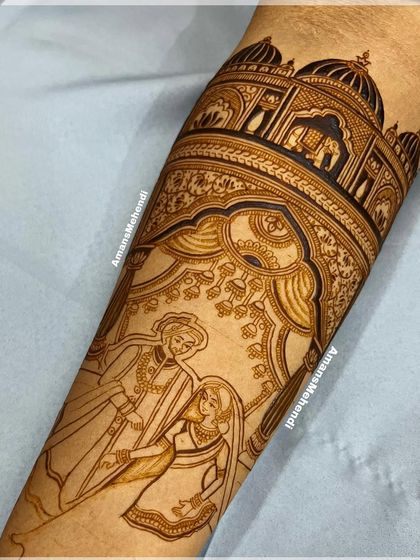 A detailed portrait of a bride and groom, framed by intricate jharokha-style windows and palace architecture. This design is perfect for telling a royal love story.