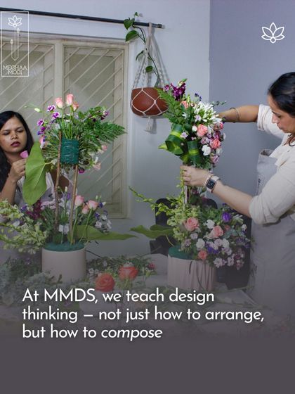 Two students collaborate on their arrangements, learning from each other. My classes are about design thinking, teaching you not just how to arrange, but how to compose a visual story.