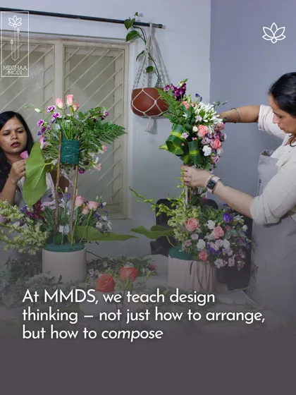Two students collaborate on their arrangements, learning from each other. My classes are about design thinking, teaching you not just how to arrange, but how to compose a visual story.