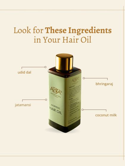 Look for these ingredients in your hair oil: my formula includes Udid Dal, Jatamansi, Bhringraj, and Coconut Milk for complete nourishment.
